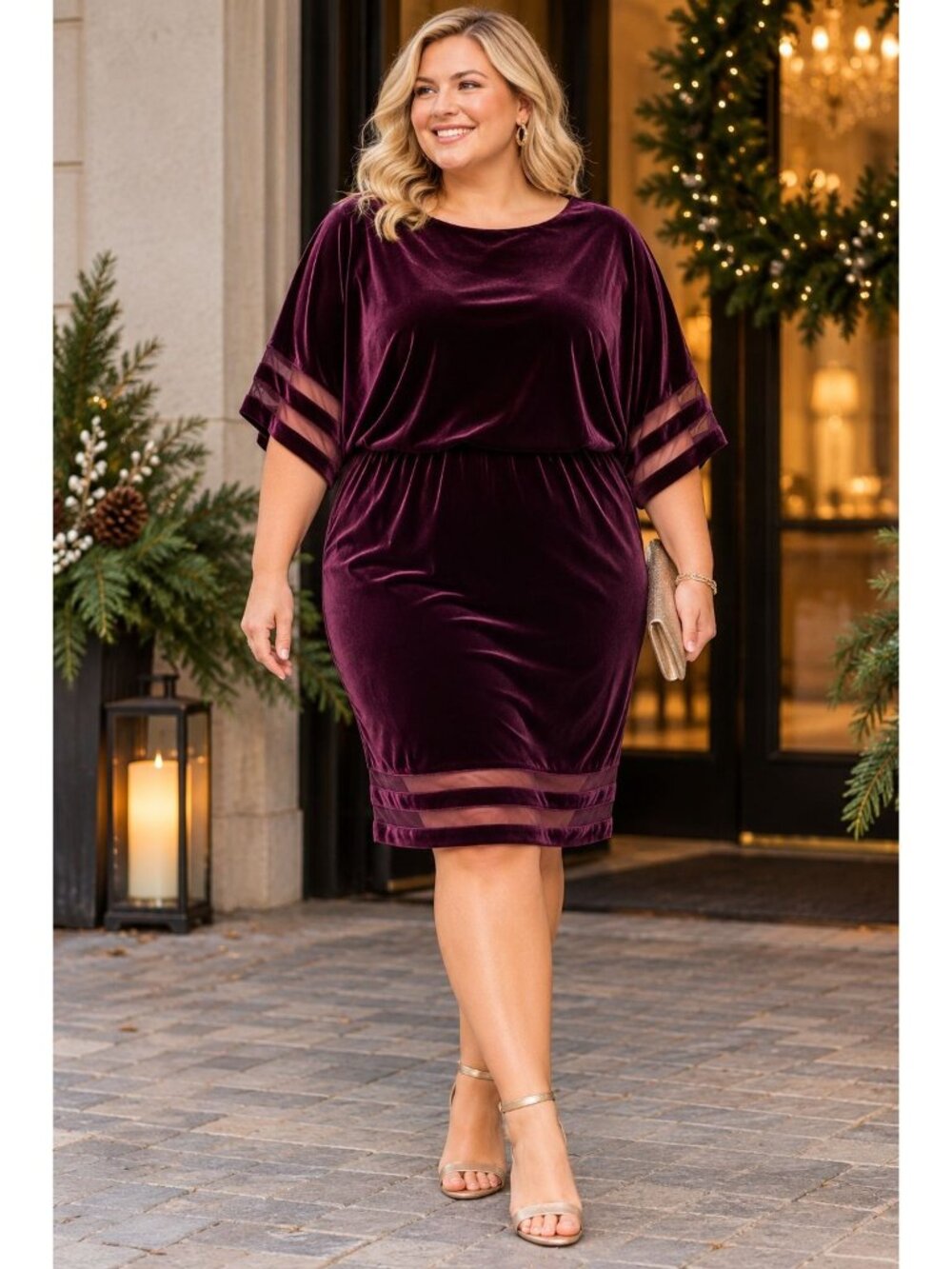 NWT Jessica Howard Eggplant Velvet Dress 22W Sheer Mesh